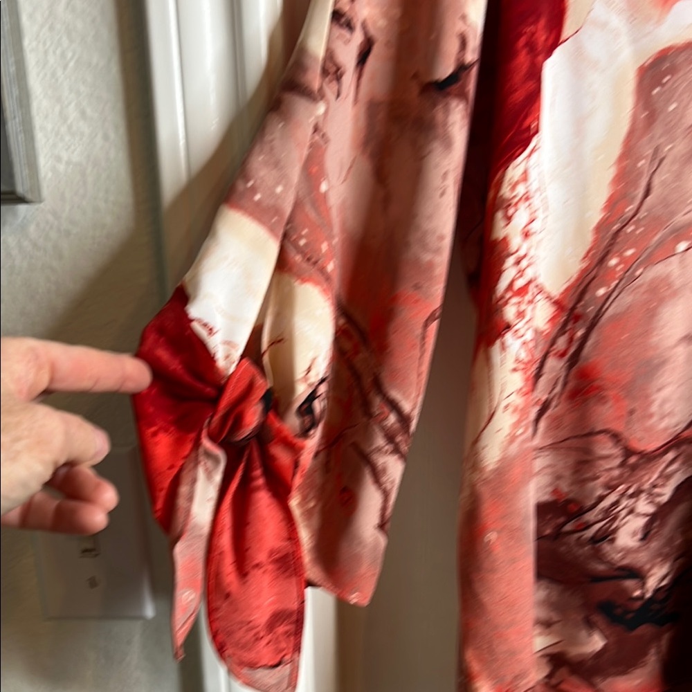 Alfani Red and Cream Graphic Tie Front Blouse - Picture 3 of 5